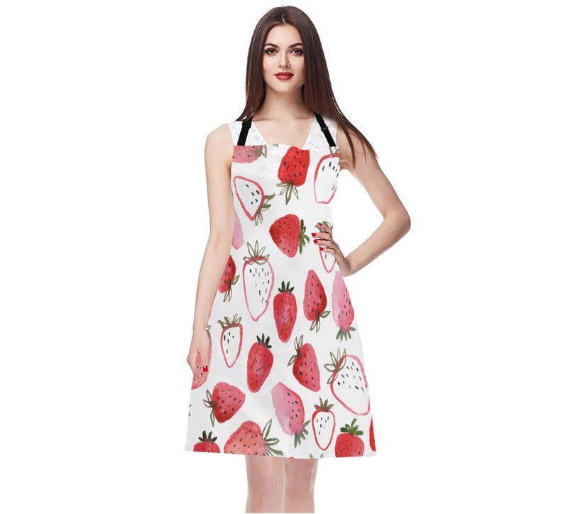 EKOBLA Strawberry Aprons Abstract Watercolor Hand Drawn Beautiful Fruit Fresh Sweet Spring Waterproof Resistant Chef Cooking Kitchen BBQ Adjustable Aprons for Women Men 27x31 Inch - Image 3